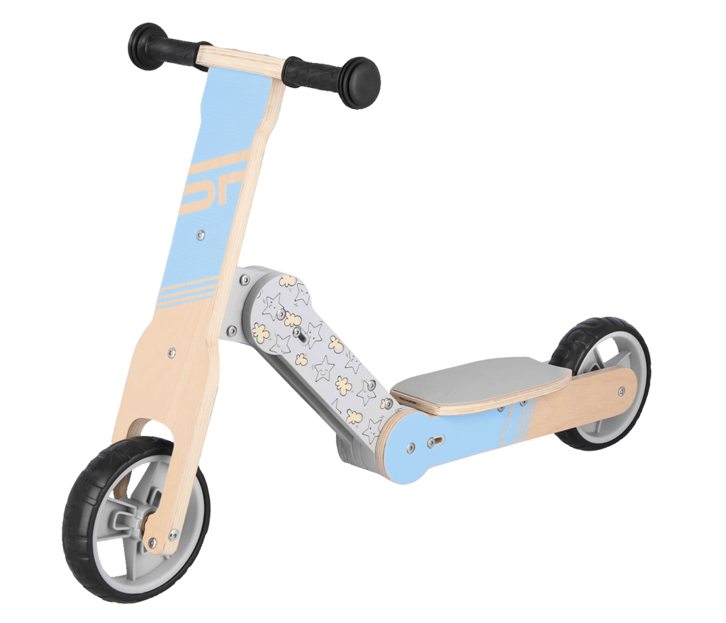 Spokey WOO-RIDE MULTI Dřevěné dětské odrážedlo a koloběžka v jednom, modré, žluté